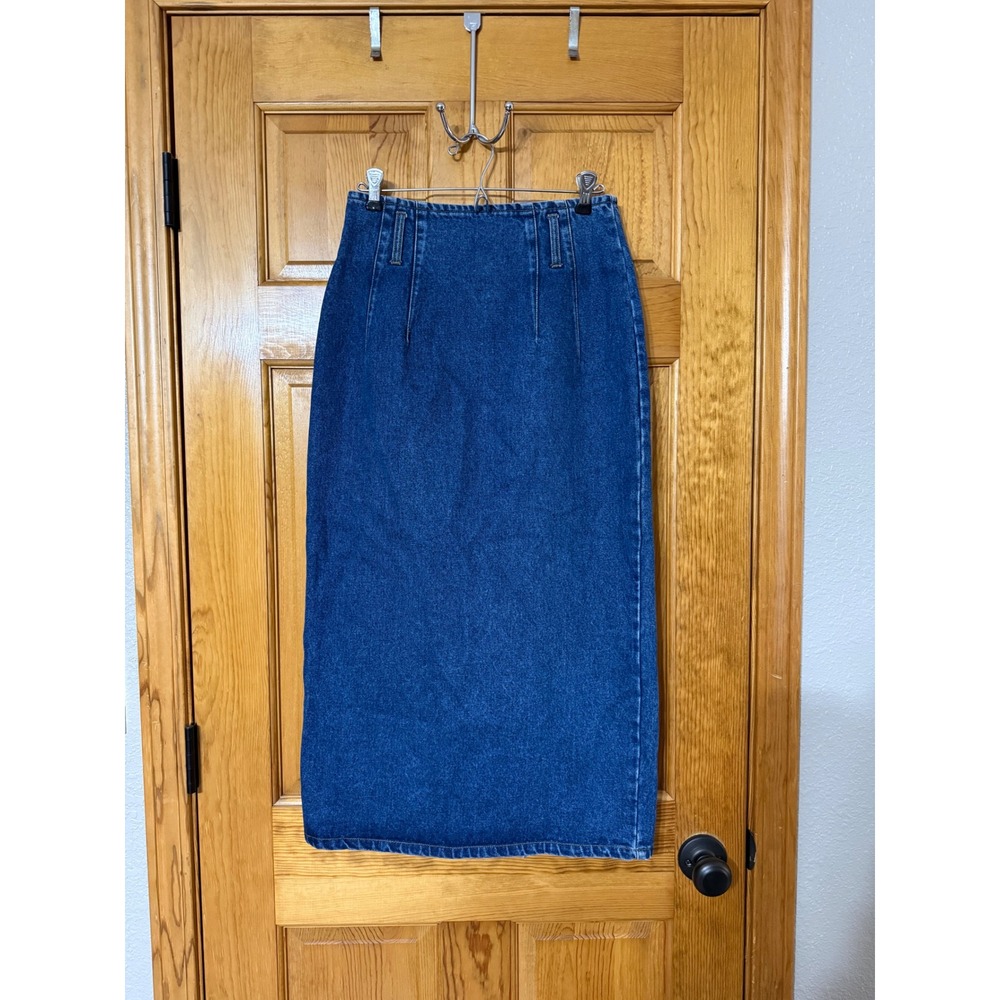 Squeeze Denim Midi Skirt Button Front Classic Blue Wash Women's Size 9 10